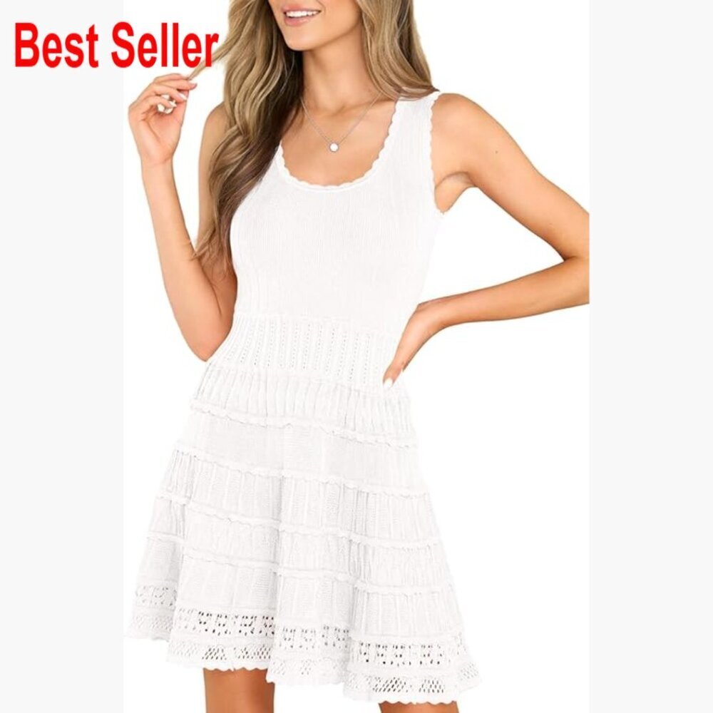 Viscose Polyamide Knitted Crochet Hem Mini Dress Casual Summer Sundress